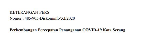 Per Tanggal 1 November 2020, Berikut Perkembangan Percepatan Penanganan COVID-19 Kota Serang