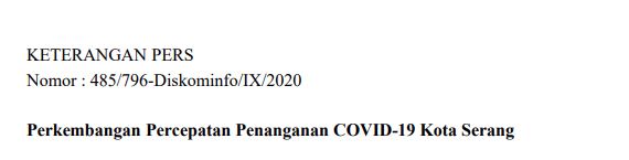 Per tanggal 27 September Berikut Percepatan Penanganan COVID-19 Kota Serang