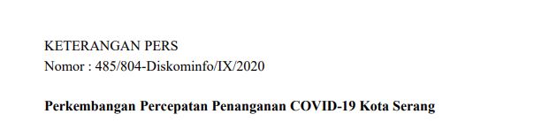 Per tanggal 29 September Berikut Perkembangan Percepatan Penanganan COVID-19 Kota Serang