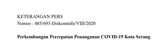 Per Tanggal 20 Agustus 2020 Berikut Perkembangan Percepatan Penanganan Covid-19 Kota Serang