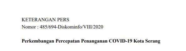 Per Tanggal 22 Agustus 2020 Berikut Perkembangan Percepatan Penanganan Covid-19 Kota Serang