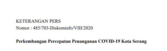 Per Tanggal 27 Agustus 2020, Berikut Perkembangan Percepatan Penanganan Covid-19 Kota Serang