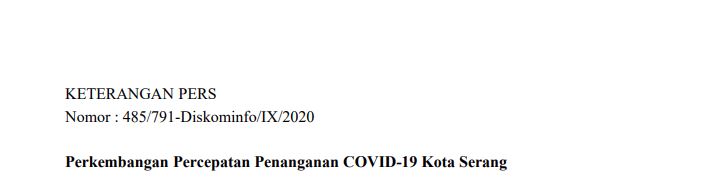 Per Tanggal 25 September 2020 Berikut Perkembangan Percepatan Penanganan Covid-19 Kota Serang