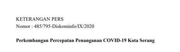 Per tanggal 26 September Berikut Percepatan Penanganan COVID-19 Kota Serang