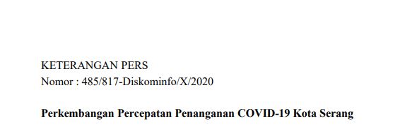 Per tanggal 2 Oktober Berikut Perkembangan Percepatan Penanganan COVID-19 Kota Serang