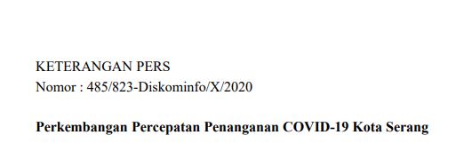Per tanggal 5 Oktober 2020, Berikut Disampaikan Perkembangan Percepatan Penanganan COVID-19 Kota Serang