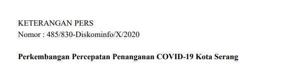 Per tanggal 7 Oktober 2020, Berikut Perkembangan Percepatan Penanganan COVID-19 Kota Serang