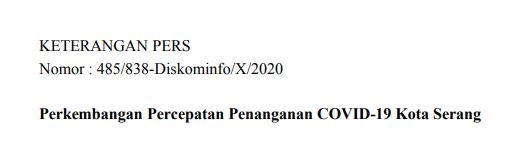 Per tanggal 9 Oktober 2020, Berikut Disampaikan Perkembangan Percepatan Penanganan COVID-19 Kota Serang
