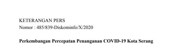 Per Tanggal 10 Oktober 2020 Berikut Perkembangan Percepatan Penanganan COVID-19 Kota Serang