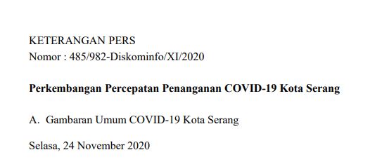 Per Tanggal 24 November Disampaikan Pekembangan Percepatan Penanganan Covid-19 Kota Serang