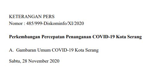 Per Tanggal 28 November 2020, Berikut Perkembangan Percepatan Penanganan COVID-19 Kota Serang.