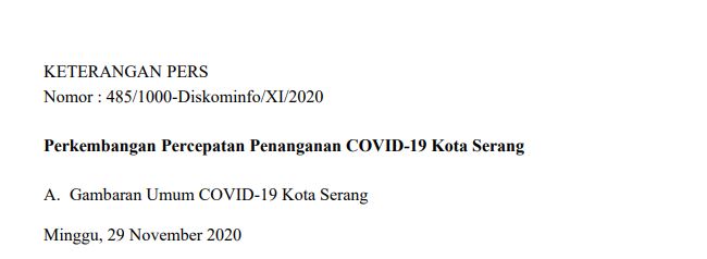 Per Tanggal 29 November 2020, Berikut Perkembangan Percepatan Penanganan COVID-19 Kota Serang.
