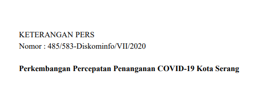 Per tanggal 4 Juli 2020 Berikut Perkembangan Percepatan Penanganan Covid-19 Kota Serang