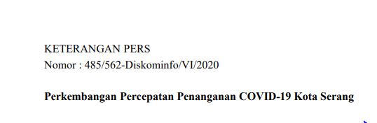 Per tanggal 26 Juni 2020 Berikut Perkembangan Percepatan Pengananan Covid 19 Kota Serang