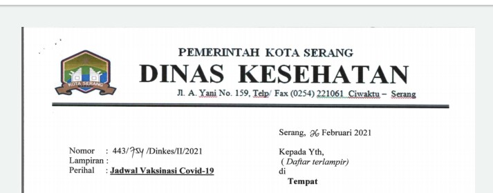 Vaksin Covid-19 bagi Pegawai Pemkot Serang dan Instansi Vertikal Dimulai Besok
