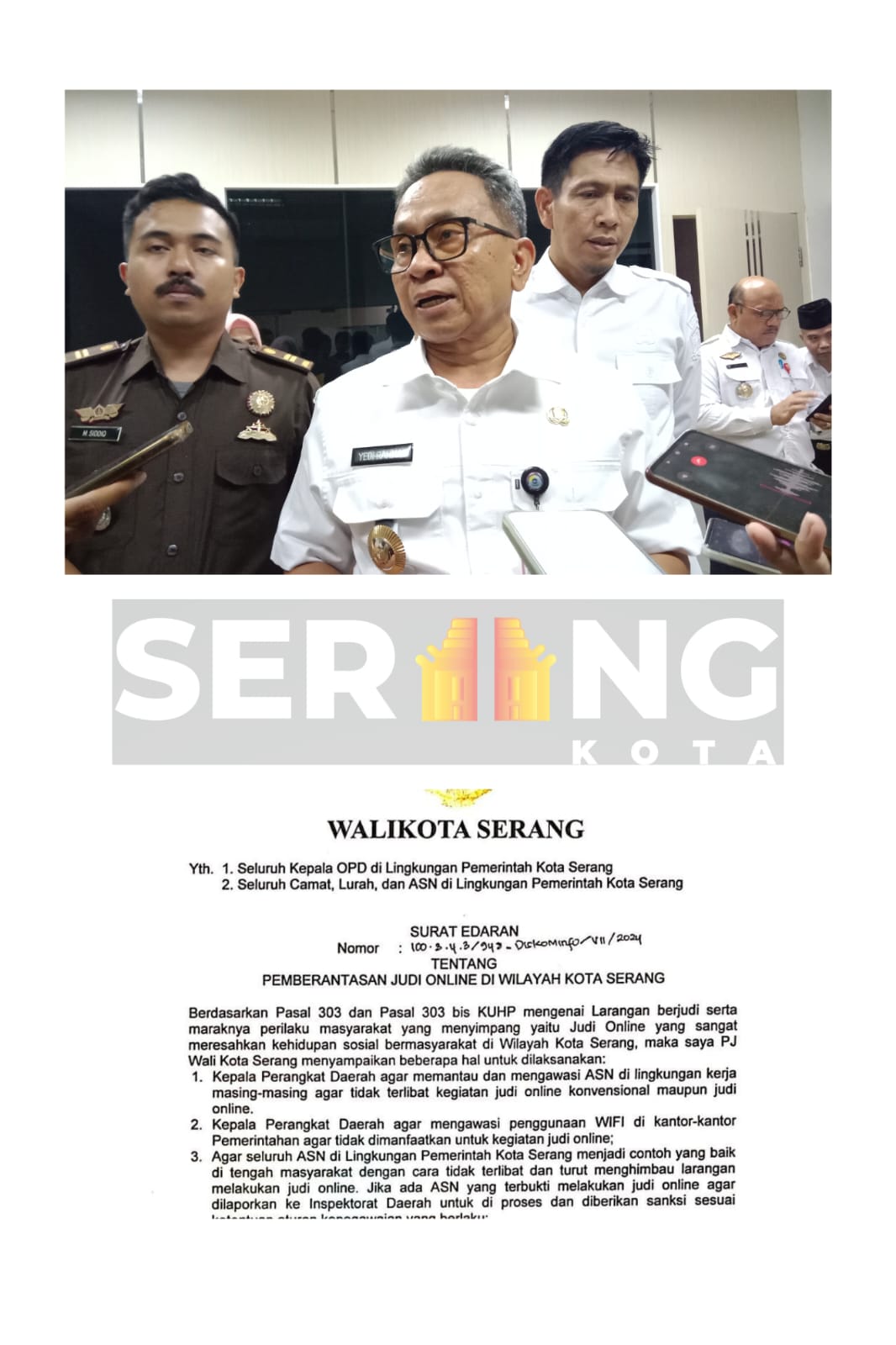 Maraknya Judol, Pj Walikota Serang beri surat edaran ke jajarannya.