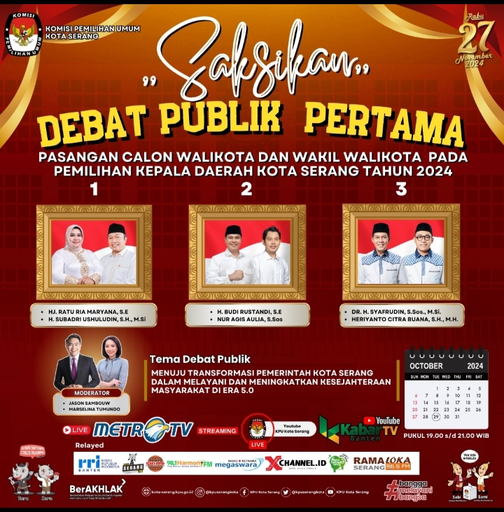 Debat Perdana Pilkada Kota Serang disiarkan TV Nasional pada 29 Oktober.