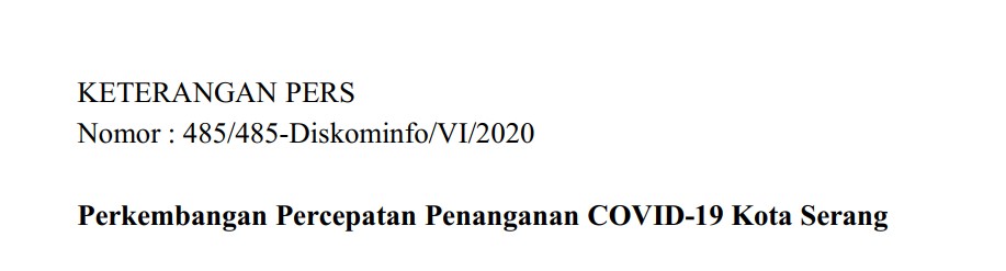 Per tanggal 4 Juni 2020 Berikut Perkembangan Percepatan Penanganan Covid 19 Kota Serang