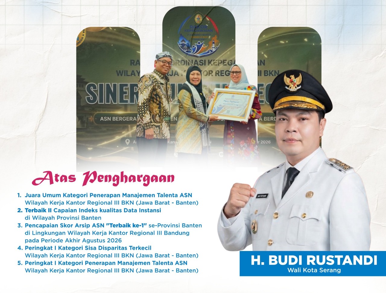 Kepemimpinan Wali Kota Budi Rustandi, Pemkot Serang Borong Lima Penghargaan Kepegawaian BKN